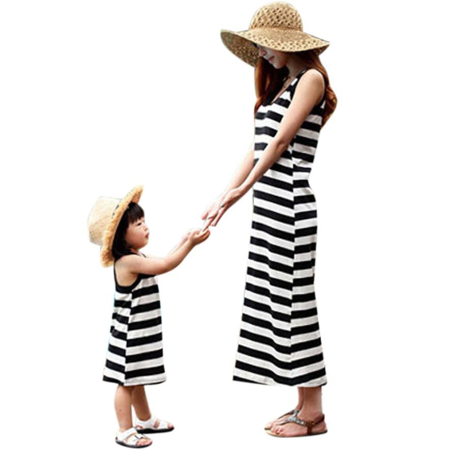 New 2018 sleeveless mother daughter Striped dress